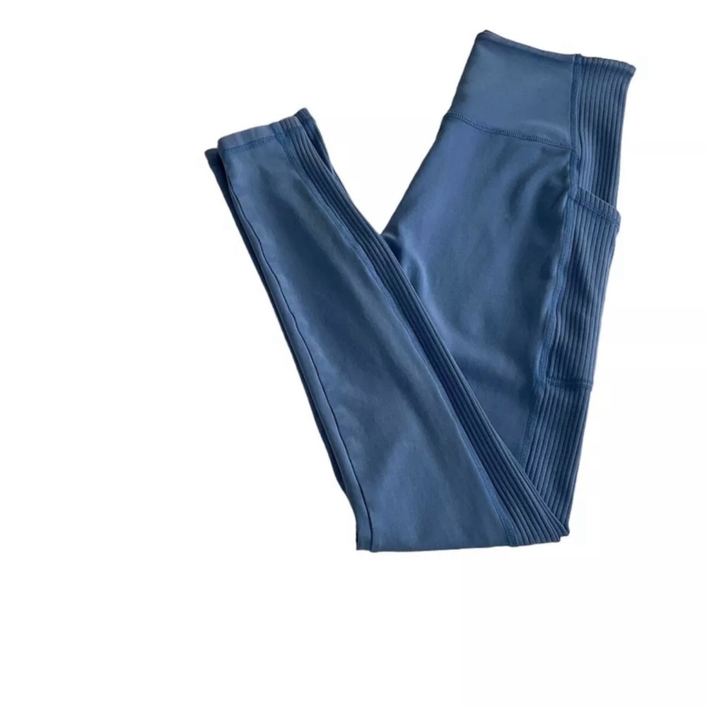 Aerie Offline OG Leggings M Blue Hi-Rise Ribbed Stretch Pockets Yoga Gym Jogging